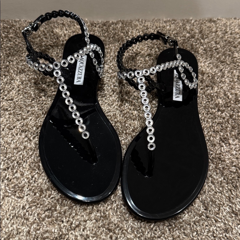 New Aquazzura T Strap Sandals Black IT Size 38.5